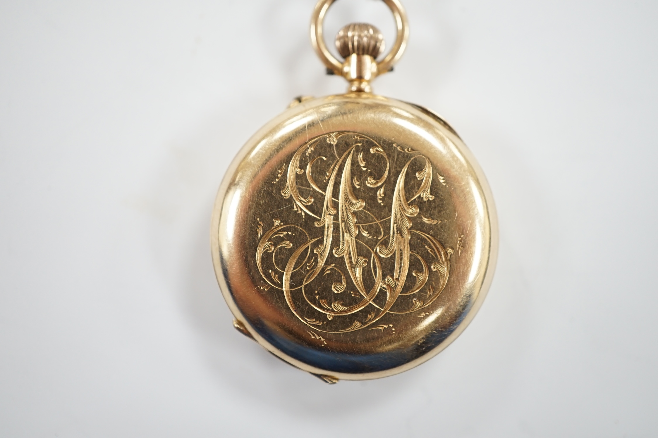 A 14k open face keyless fob watch, with Roman dial, case diameter 32mm, with case back monogram, in a fitted Russian box